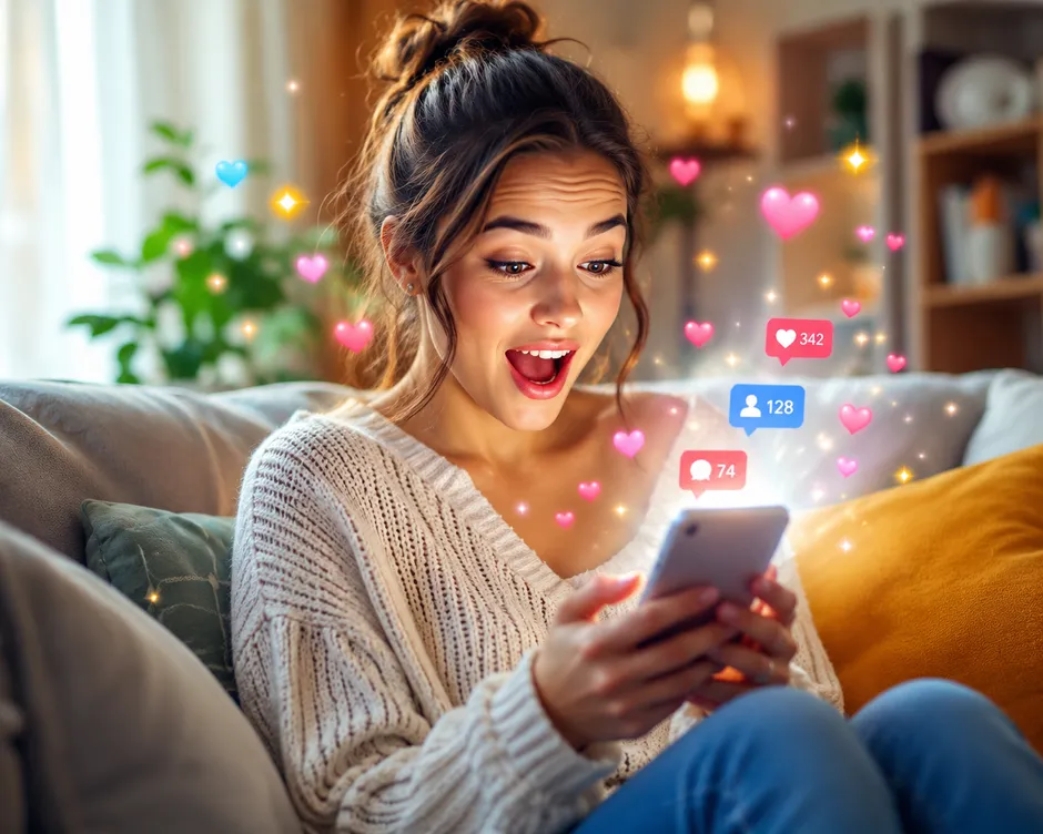 Instagram and TikTok growth with iglikes.io Excited young woman on a sofa watching her Instagram and TikTok followers, likes, and comments grow on her phone